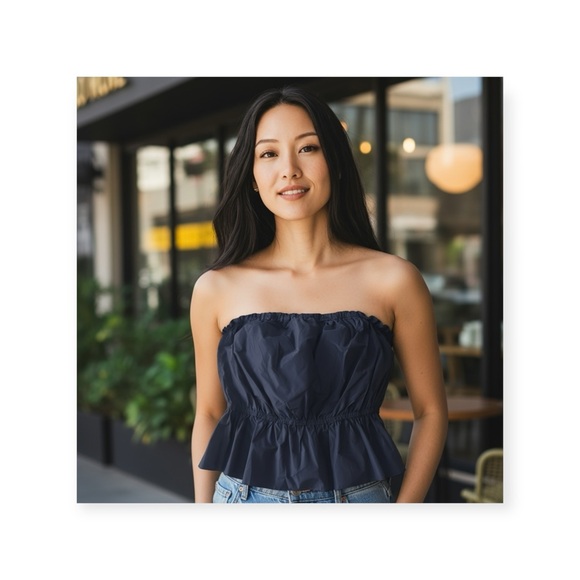 new 7 for All Mankind® ㋛ Shiny Taffeta Strapless Peplum Top  ㋛ Midnight Navy ㋛ L - Picture 1 of 16